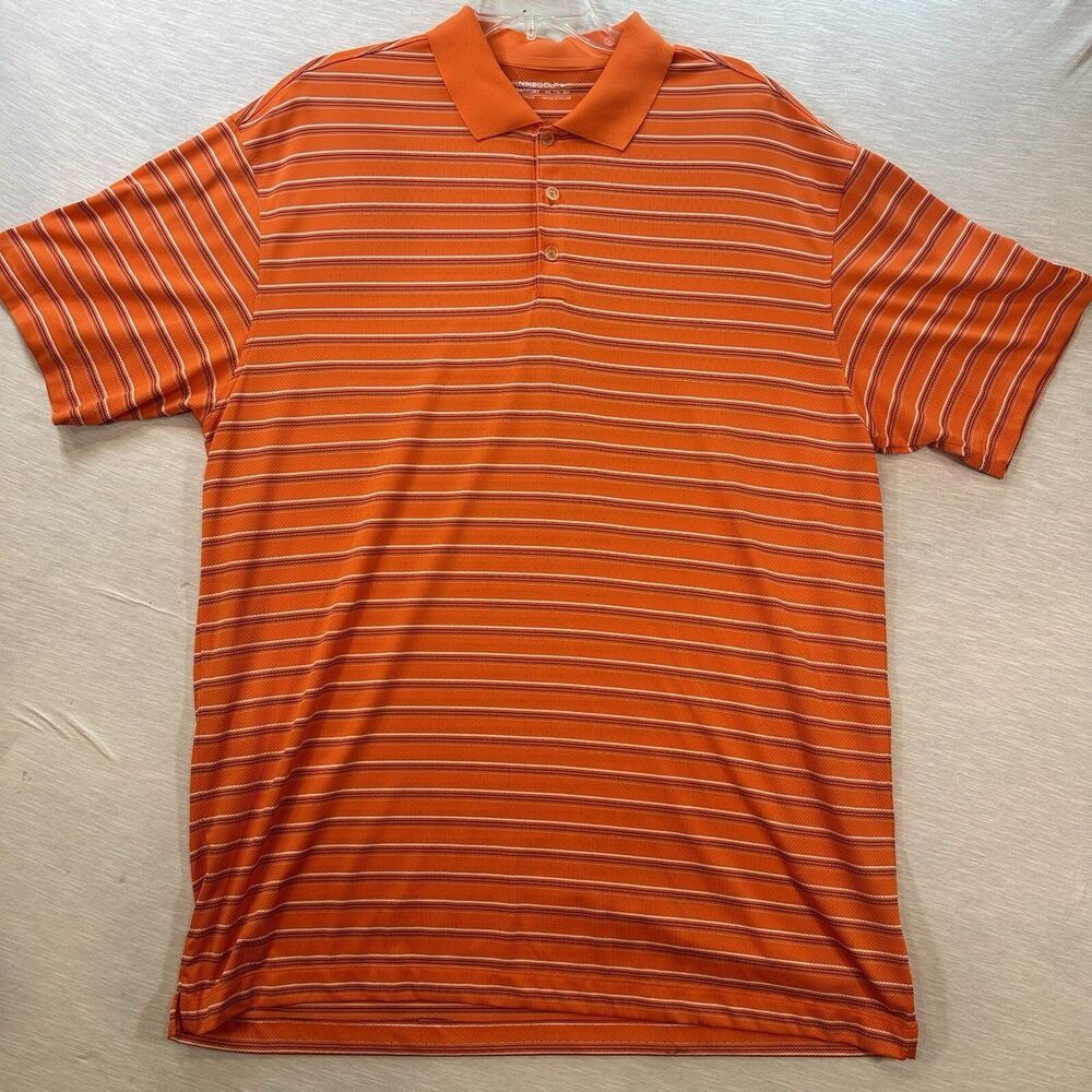 Nike Golf Shirt XXL 2X Orange White Stripe Short Sleeve Polo Fit Dry Men’s